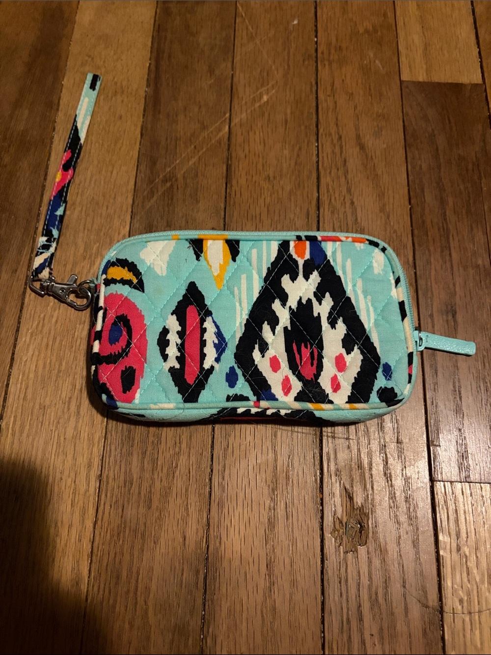 Vera Bradley Turquoise Quilted Wristlet with Multicolor Ikat Pattern